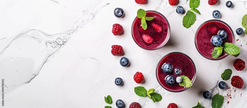 Poster a delicious acai juice in glasses with mint and berries on a white marble table viewed from above wi