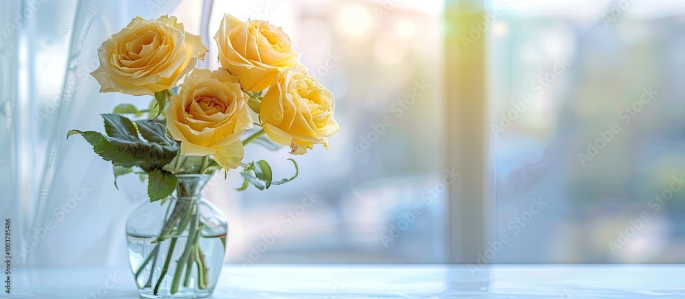 Aufkleber high angle close up of yellow roses on a white table beside a glass vase selective focus. copy space