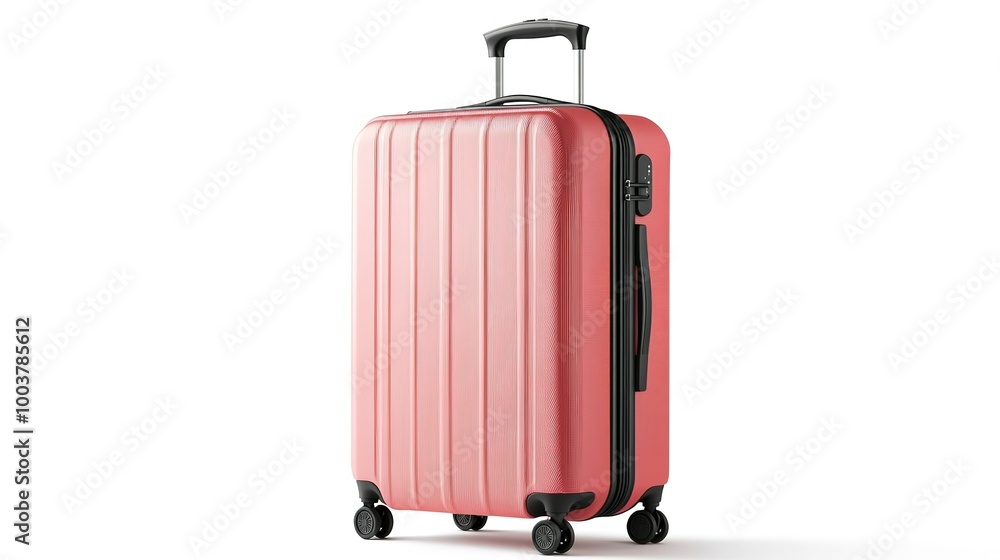 Poster front view of pink suitcase with the handle raised for travel with wheels isolated on a cutout on wh