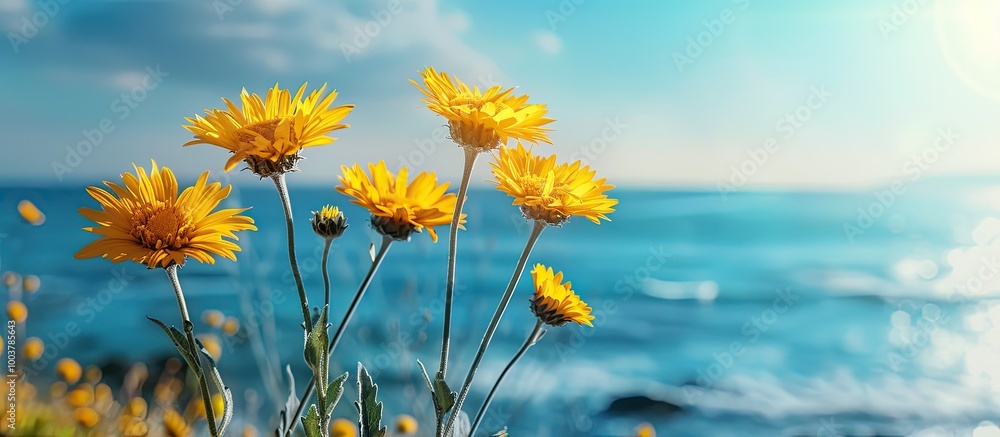 Poster yellow flowers set against a background of the sea. copy space image. place for adding text and desi
