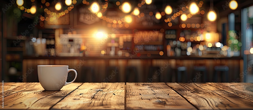 Poster white coffee cup on a wooden table in a cafe with a lit background. copy space image. place for addi