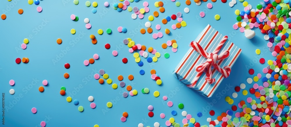 Poster rainbow gift box and candy confetti on a blue backdrop flat lay top view. copy space image. place fo