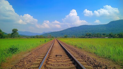 Fototapeta premium Serene Railway Track Through Lush Green Landscape