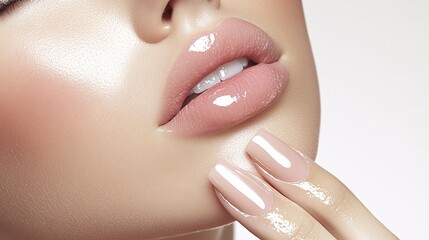 Fototapeta premium model's hand with well-groomed nails, resting on her chin or upper lip in an inviting gesture. 