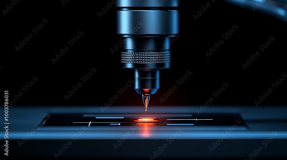 Poster precision engineering: a close-up shot of a robotic arm with a laser tip, focused on a circuit board