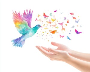 Hands gently releasing a dove into the sky with vibrant colors, symbolizing peace and a hopeful future