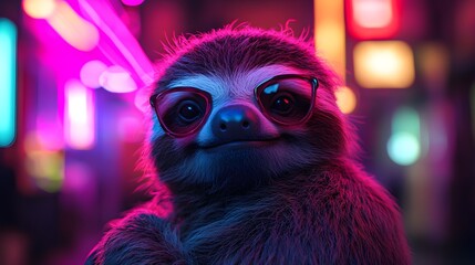Naklejka premium Ultra-Realistic Neon Light Sloth Image Highlighting Luminous Animal Details