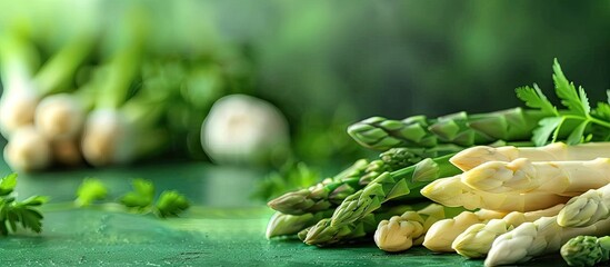 White and green fresh asparagus on a green table seen up close Various types of German green and white asparagus are displayed on the table. Copy space image. Place for adding text and design