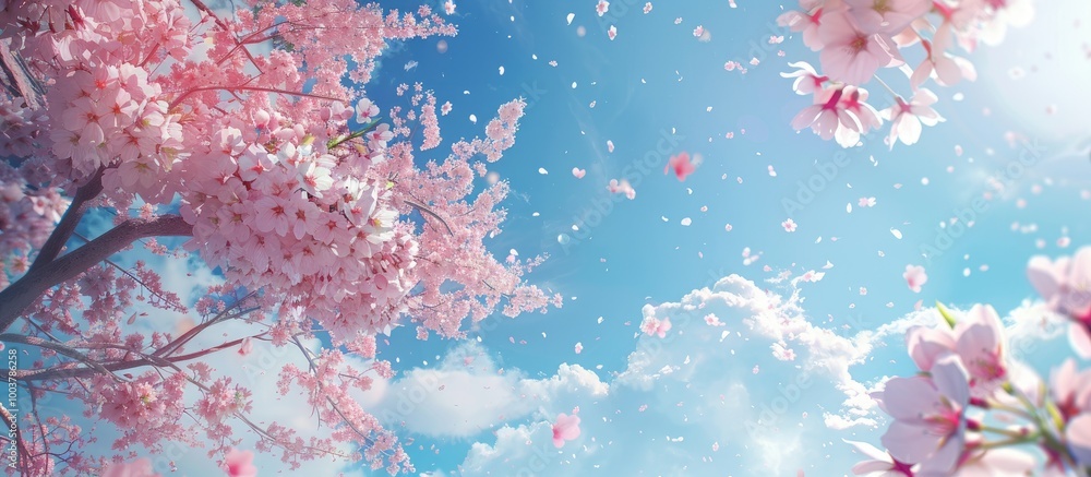 Poster cherry blossoms set against a blue sky. copy space image. place for adding text and design