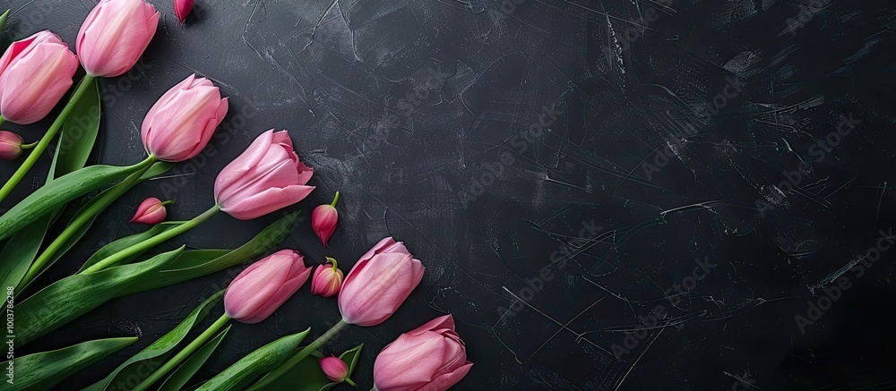 Poster fresh beautiful tulips with a garland on a black surface top view. copy space image. place for addin