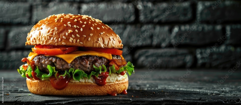Poster large cheeseburger loaded with cheese stock photo side view of a cheeseburger against a black brick 