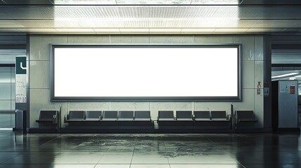 Expansive blank billboard in a subdued light airport baggage terminal.  