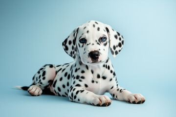 A Dalmatian puppy lying on a light blue background, vibrant and cute