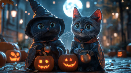 Naklejka premium Halloween cat with pumpkin