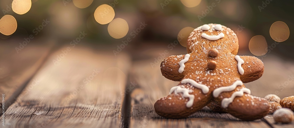 Poster gingerbread resting on a wooden surface. copy space image. place for adding text and design