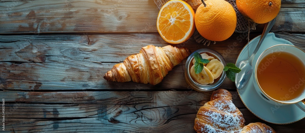 Poster quick breakfast items on a rustic wooden table top view with copy space for design