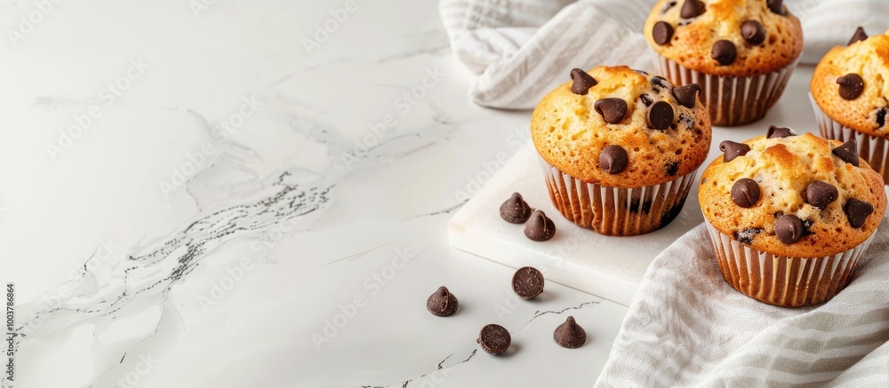 Poster delicious sweet muffins with chocolate chips on a white marble table with space for text. copy space