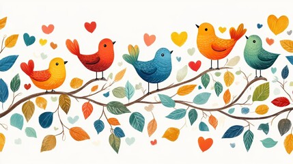 A charming array of multicolored cartoon birds, hearts, and swirling leaves in a lively, rhythmic pattern on a crisp white background