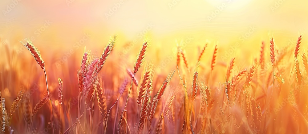 Poster wheat field at sunset with a blurred vintage background. copy space image. place for adding text and