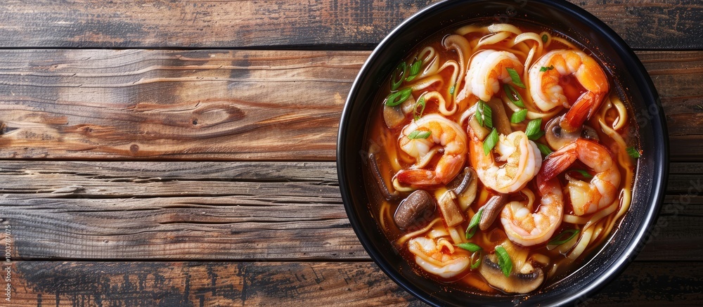 Poster tasty ramen with shrimp and mushrooms in a bowl on a wooden table closeup with room for text noodle 