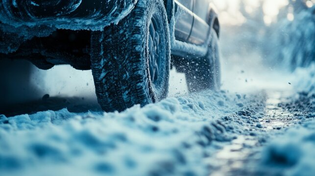 A dynamic image of car tires cutting through packed snow and ice, deep tread marks revealing the rough texture of the winter road surface