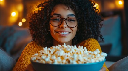 Naklejka premium A woman with curly hair is sitting on a couch and holding a bowl of popcorn