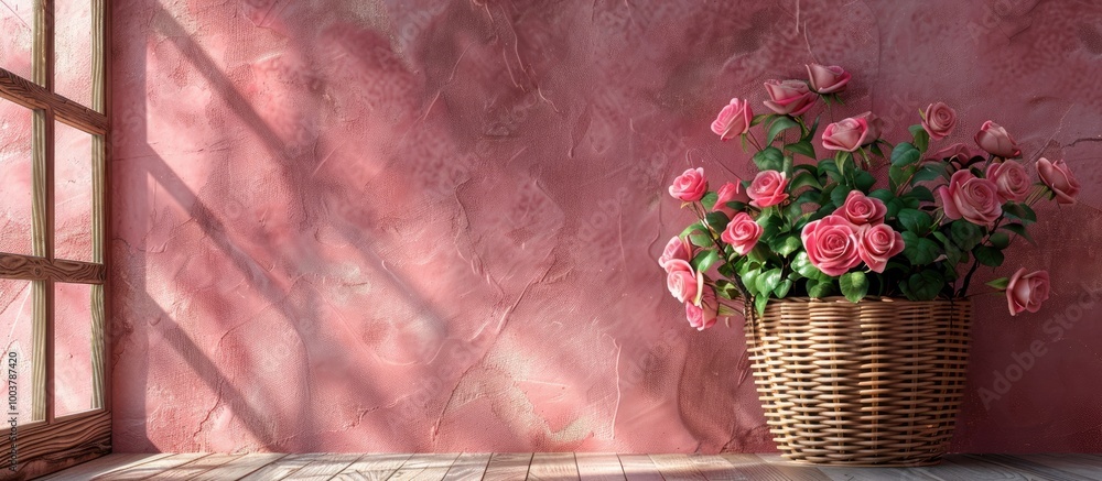 Aufkleber a pink textured wall with a wooden window frame adorned with a basket of pink roses. copy space imag