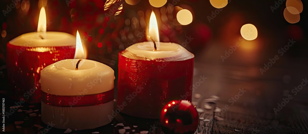 Poster red and white candles lit close up image of small red and white candles burning with a dark backgrou