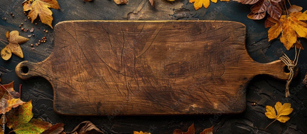 Poster antique cutting board on an autumn backdrop top view. copy space image. place for adding text and de