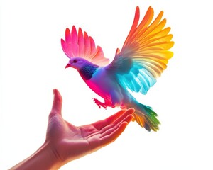 Obraz premium Hands gently releasing a dove into the sky with vibrant colors, symbolizing peace and a hopeful future