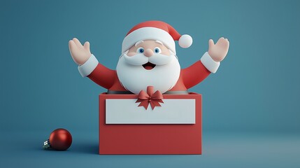 Banner of cheerful Santa Claus pops out of a gift box, spreading holiday joy with a big smile and festive decor. Marketing and activity purpose.