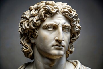details, intricate, Alexander the Great, marble bust, An ancient marble bust of Alexander the Great with intricate details and a regal expression