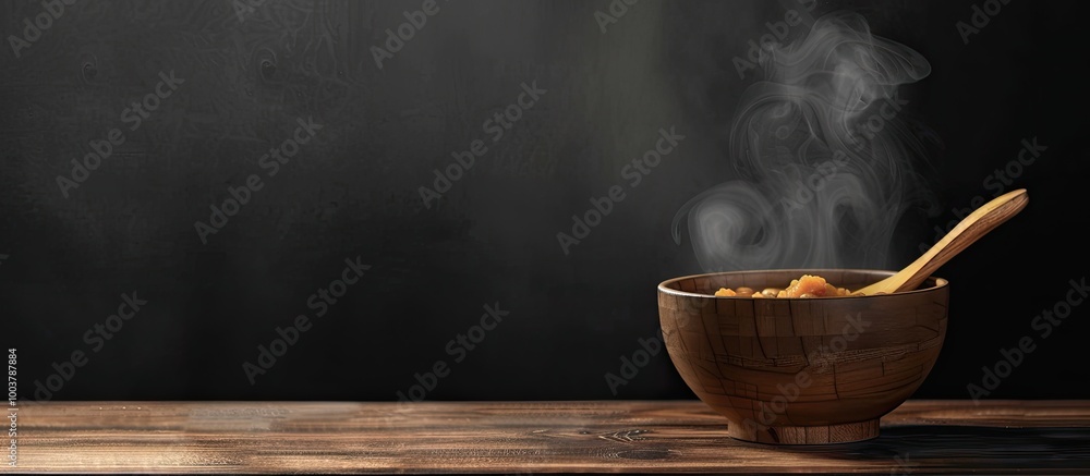 Poster a bowl of hot soup with steam rising accompanied by a wooden spoon on a wooden table with a black ba