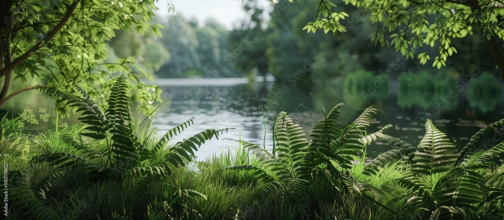 Poster ferns by the riverbank. copy space image. place for adding text and design