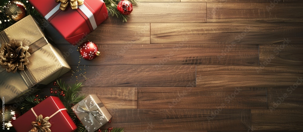 Poster christmas presents on a wooden surface. copy space image. place for adding text and design