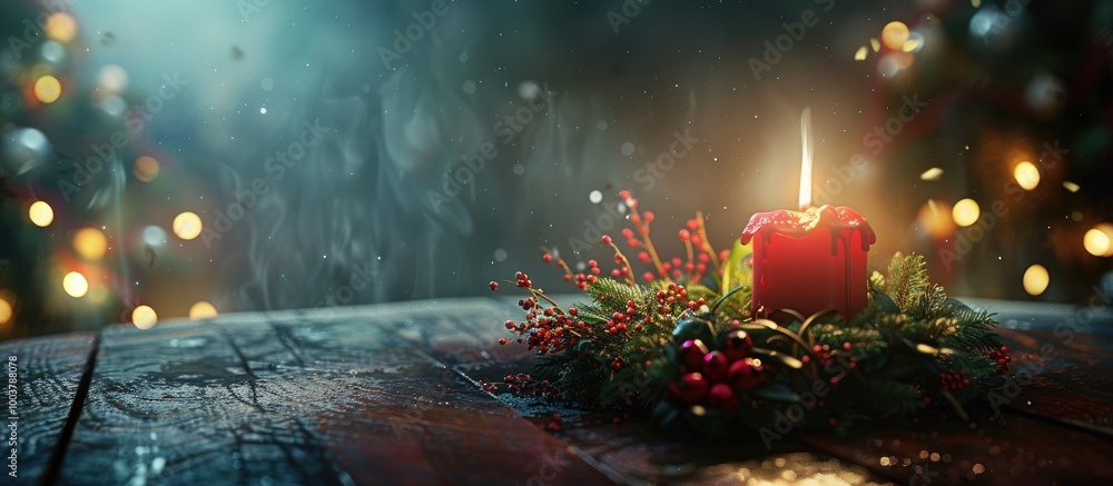 Poster christmas wreath with a lit candle on a bright wooden table. copy space image. place for adding text