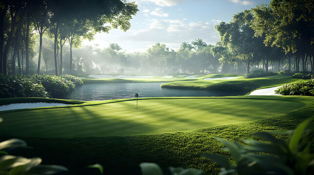 Stunning Golf Course with Water Feature and Lush Greenery - Powered by Adobe