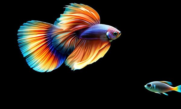 Vibrant Betta Splendor: A mesmerizing close-up of a majestic betta fish, showcasing its radiant, multicolored fins against a stark black background, accompanied by a smaller, contrasting fish.  