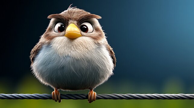 Grumpy Bird on a Wire: A 3D rendered illustration of a feathery friend with a grumpy expression perched on a wire, capturing a moment of avian contemplation.  