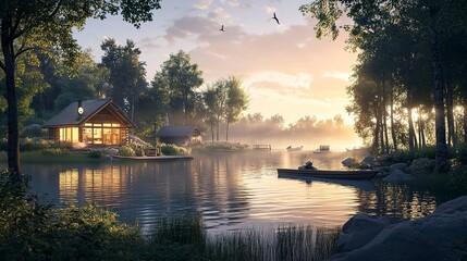 Fototapeta premium Create a 3D rendering of a serene lakeside retreat. What features, such as cabins, boats, and natural surroundings, make it a perfect getaway 