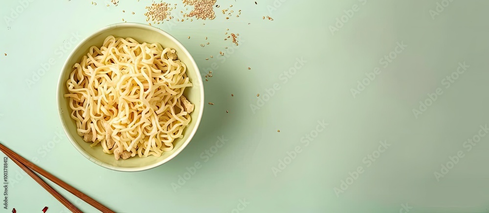 Poster raw instant noodles with wooden chopsticks and seasoning on a light green surface. copy space image.