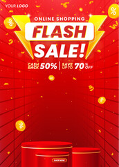 Realistic colorful flash sale vertical poster flyer design template shop now with podium