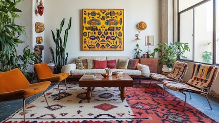 A vibrant living room featuring an eclectic mix of patterned rugs