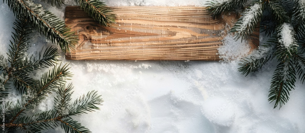 Poster wooden board on the snow with branches from a christmas tree. copy space image. place for adding tex