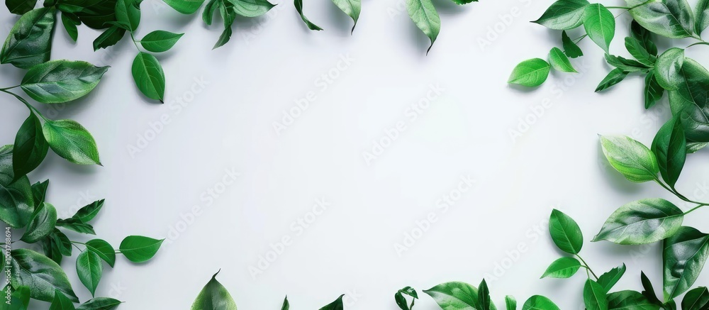 Poster summer theme vibrant greenery branch with green leaves on white top view space for text. copy space 