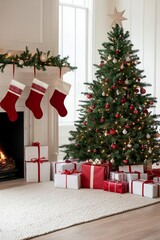  A decorated Christmas tree stands before a fireplace Stockings hang from its branches