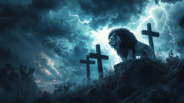 A regal lion standing tall on Calvary Hill, gazing over three wooden crosses, dramatic lightning in the distance, merging with an ethereal scene of resurrection