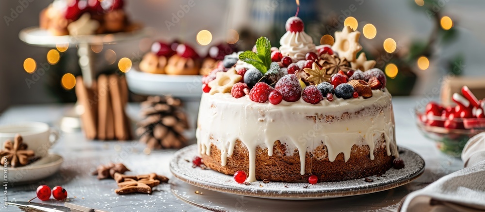 Aufkleber homemade cinnamon cake for christmas topped with fruits and spekulatius cookies cream placed on a ki