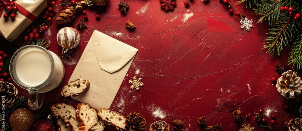 Poster empty letter and treat for santa with slices of stollen and a bottle of milk on red top view. copy s
