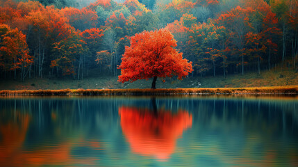 An autumn forest scene featuring a solitary maple tree with bright red and orange leaves